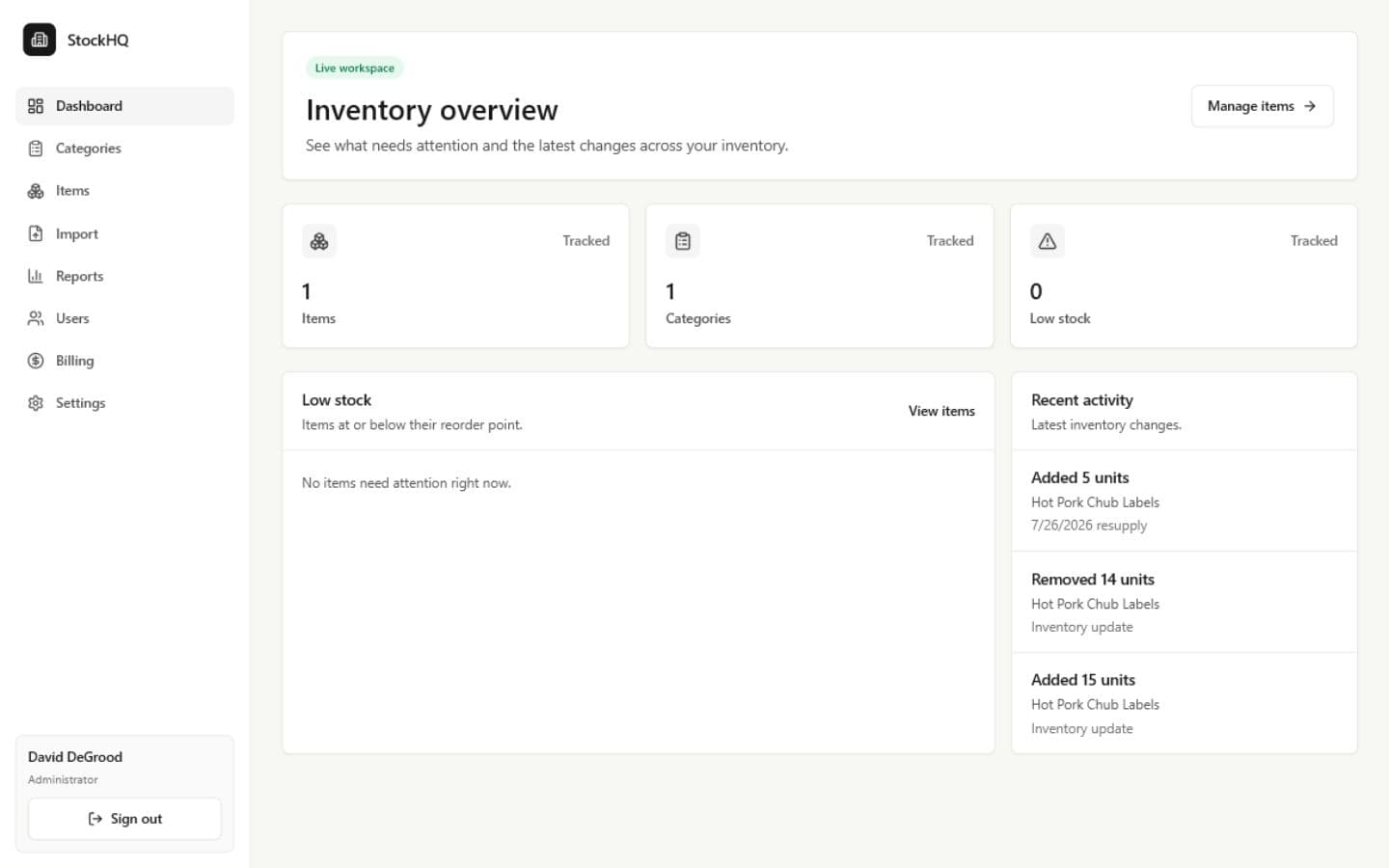 StockHQ inventory dashboard